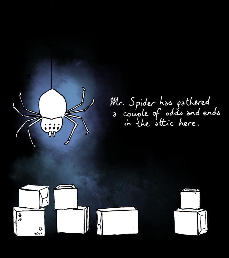 Mr. Spider has been gathering odds and ends in the attic.